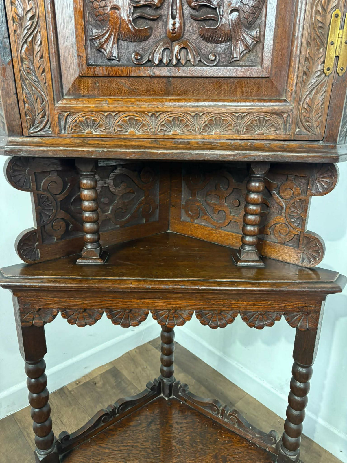 Antique Heavily Carved Oak Corner Cabinet