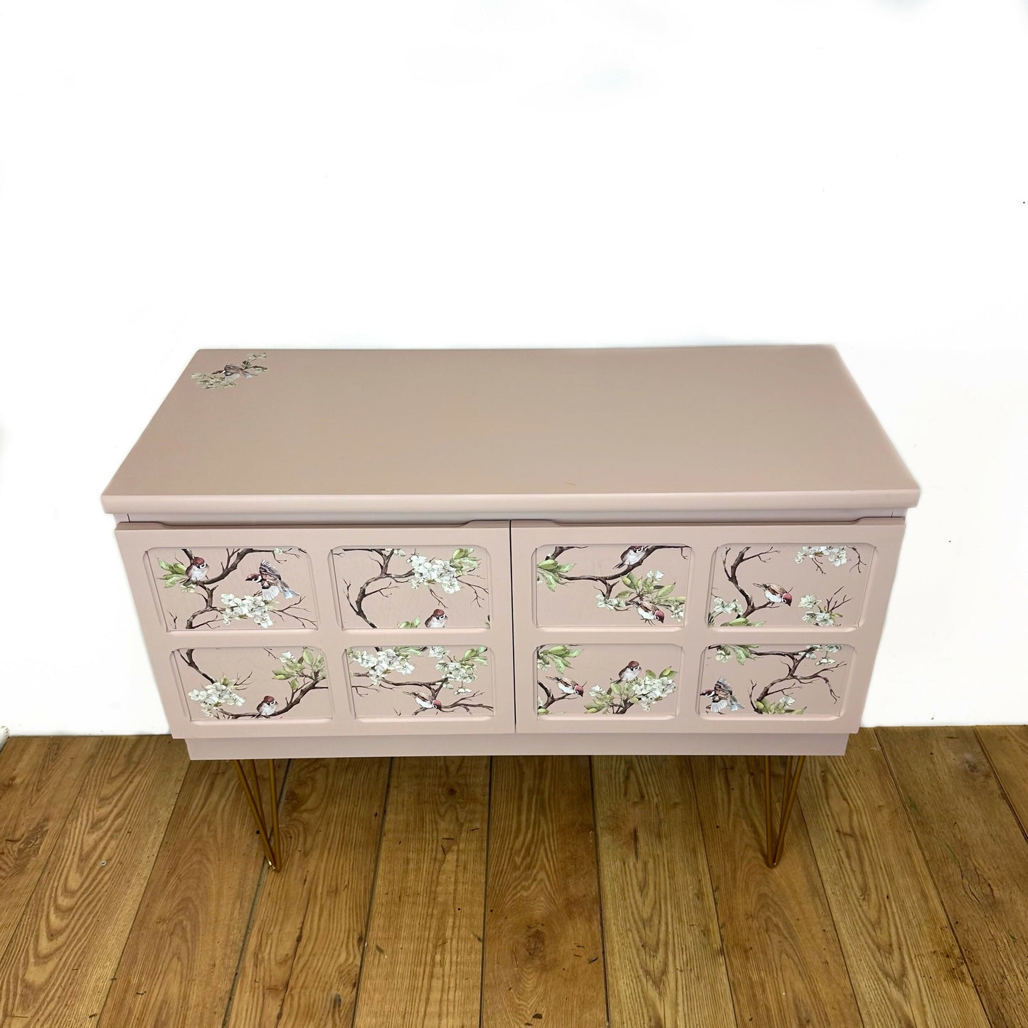 Refurbished Nathan sideboard, TV unit, pale dusky pink, blossom flight, birds, country cottage, mid century, vintage console table, cupboard