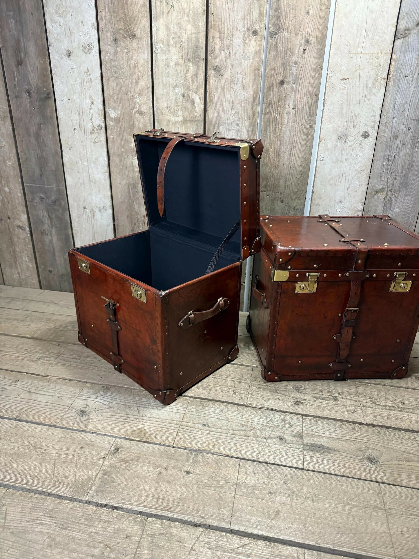 Antique Chestnut Leather Designer Belting Trunks