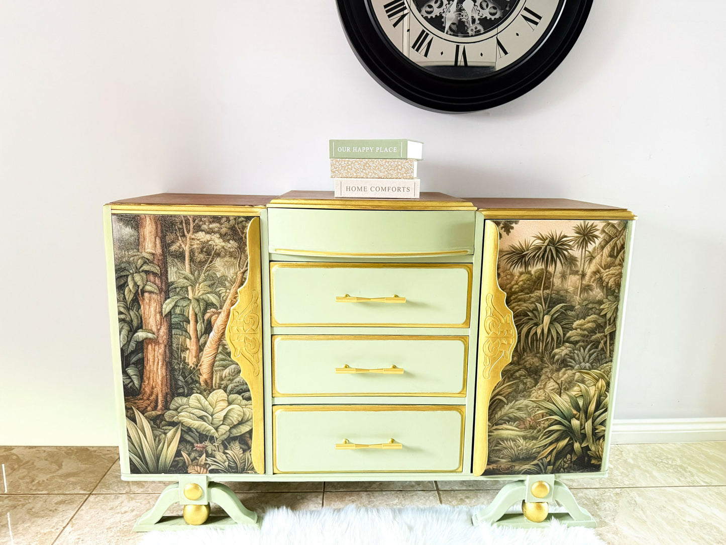 Upcycled French Provincial Cabinet in Sage Green and Tropical Jungle ,Upcycled Statement Furniture