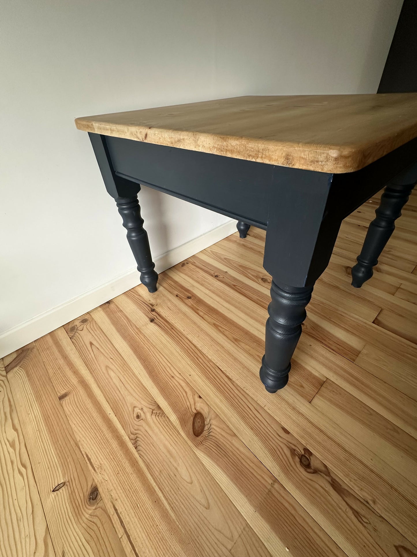 Pine dining table with stripped pine top and blue base