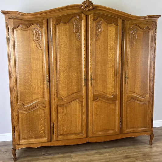 Wardrobe Vintage French Louis XVI Style Oak Four Door Carved Armoire LOT 4860