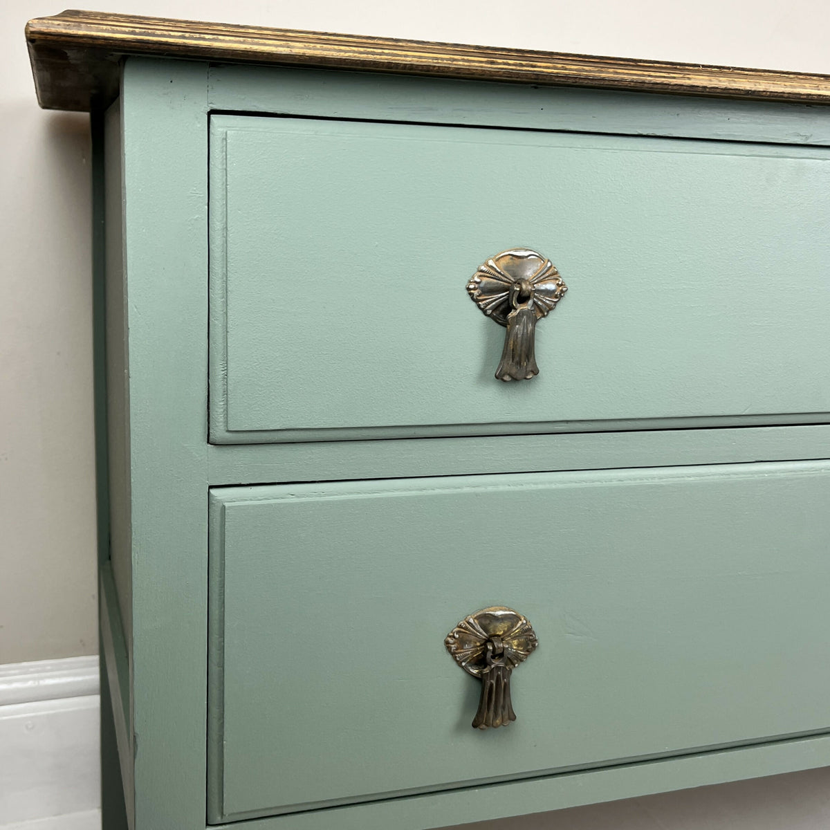 Vintage Chest of Drawers Stripped Oak Top Art Sage Green Upcycled Compact Size