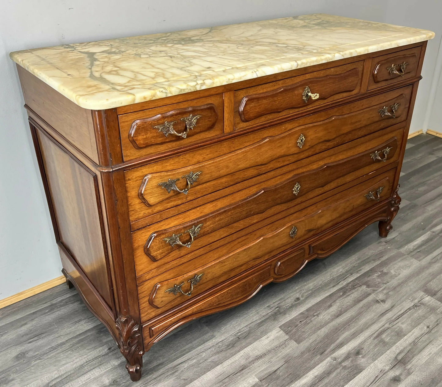 Chest of Drawers Antique French Mahogany Marble Top Carved Cabinet LOT 4809