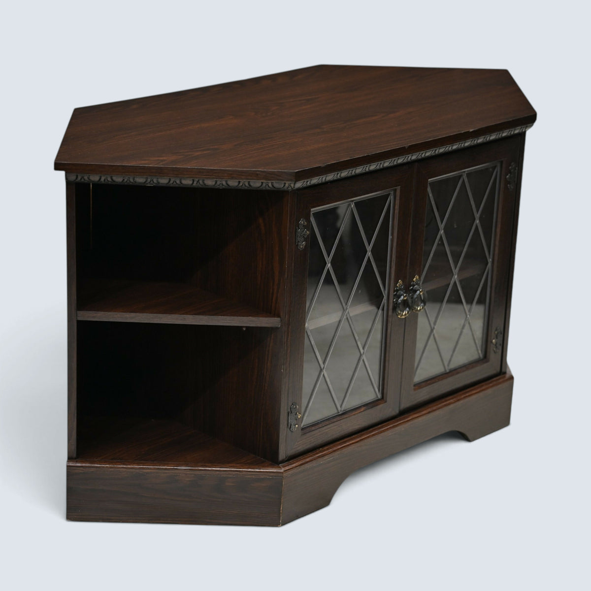 Corner TV Video Stand Leaded Glass Doors Media Player Shelf FREE* UK Delivery