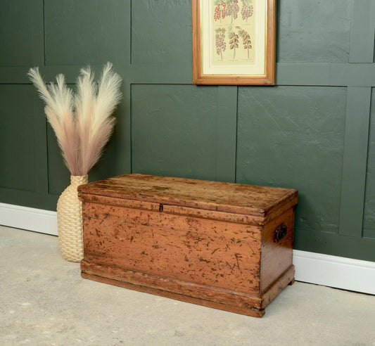 Antique Pine Trunk Box - Toy Chest - Hall Storage - Blanket Box Painted Ship