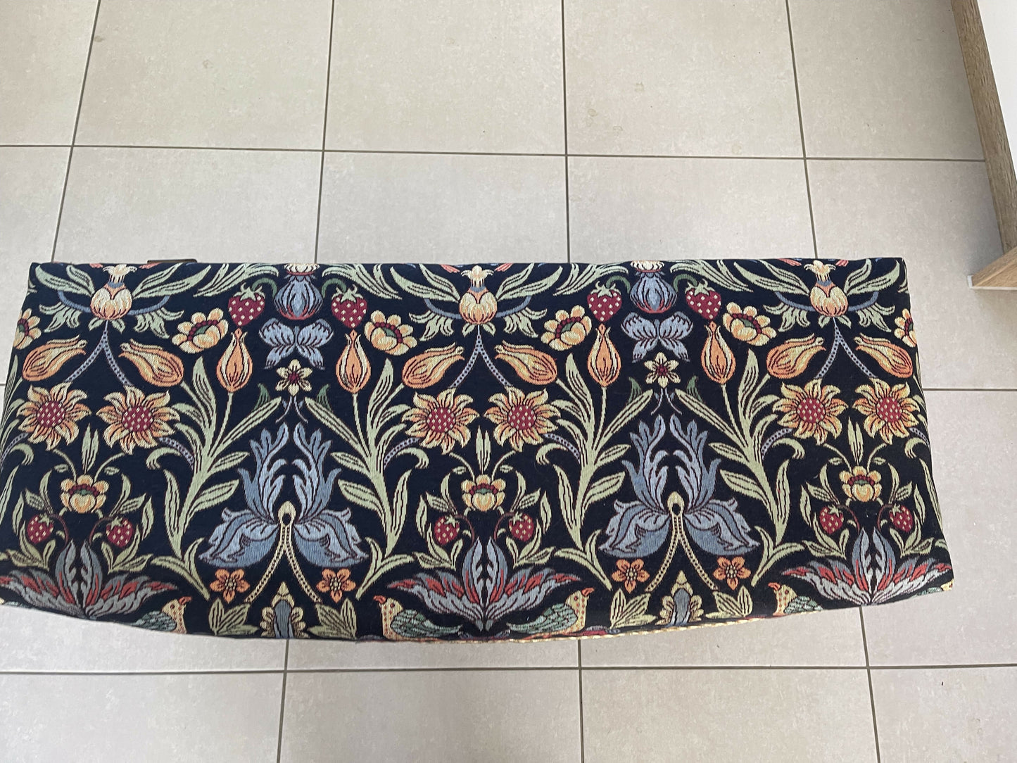 Kraft mid century Ottoman. Newly painted black. William Morris style material.