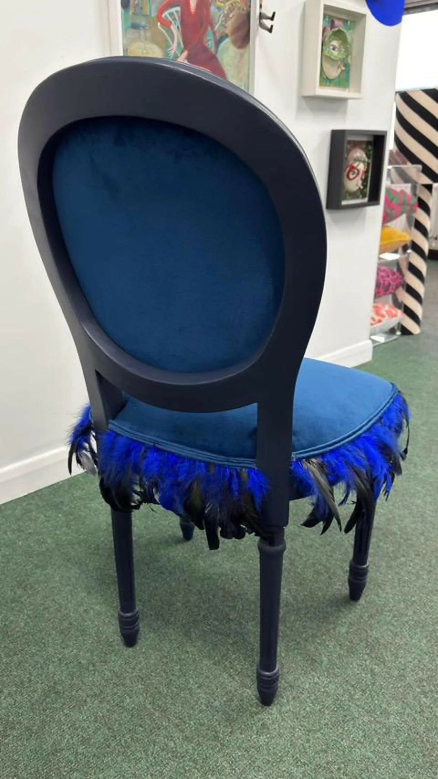 Bespoke Vintage Blue Bird Chair. One of a Kind Velvet and Feather Detailing. Artist Designed Chair