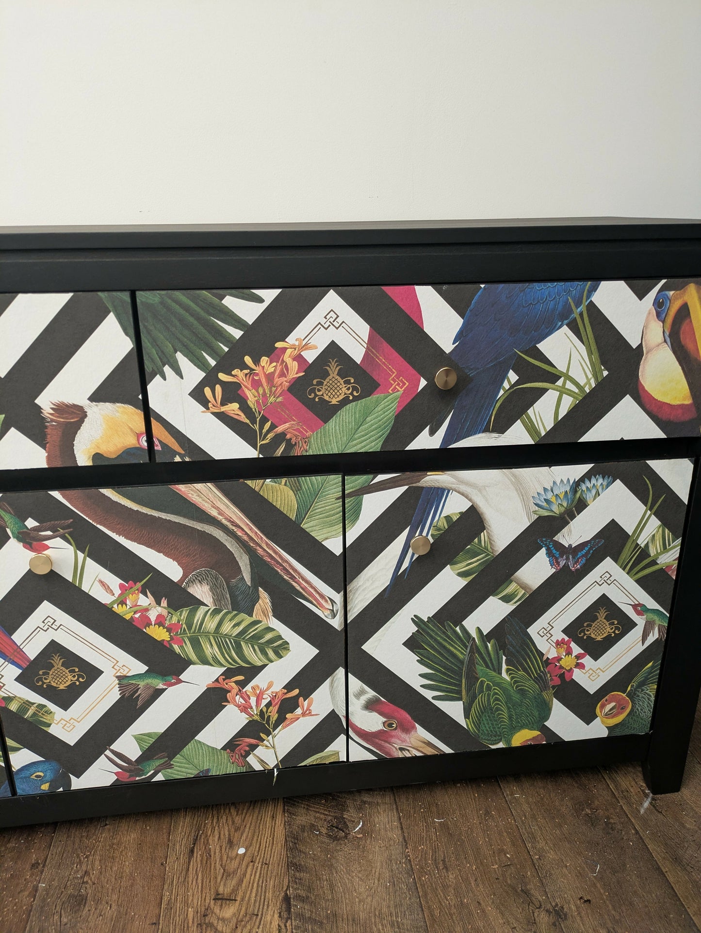 Solid Oak Vintage Sideboard Upcycled Painted Black. Animal Bird Geometric Print