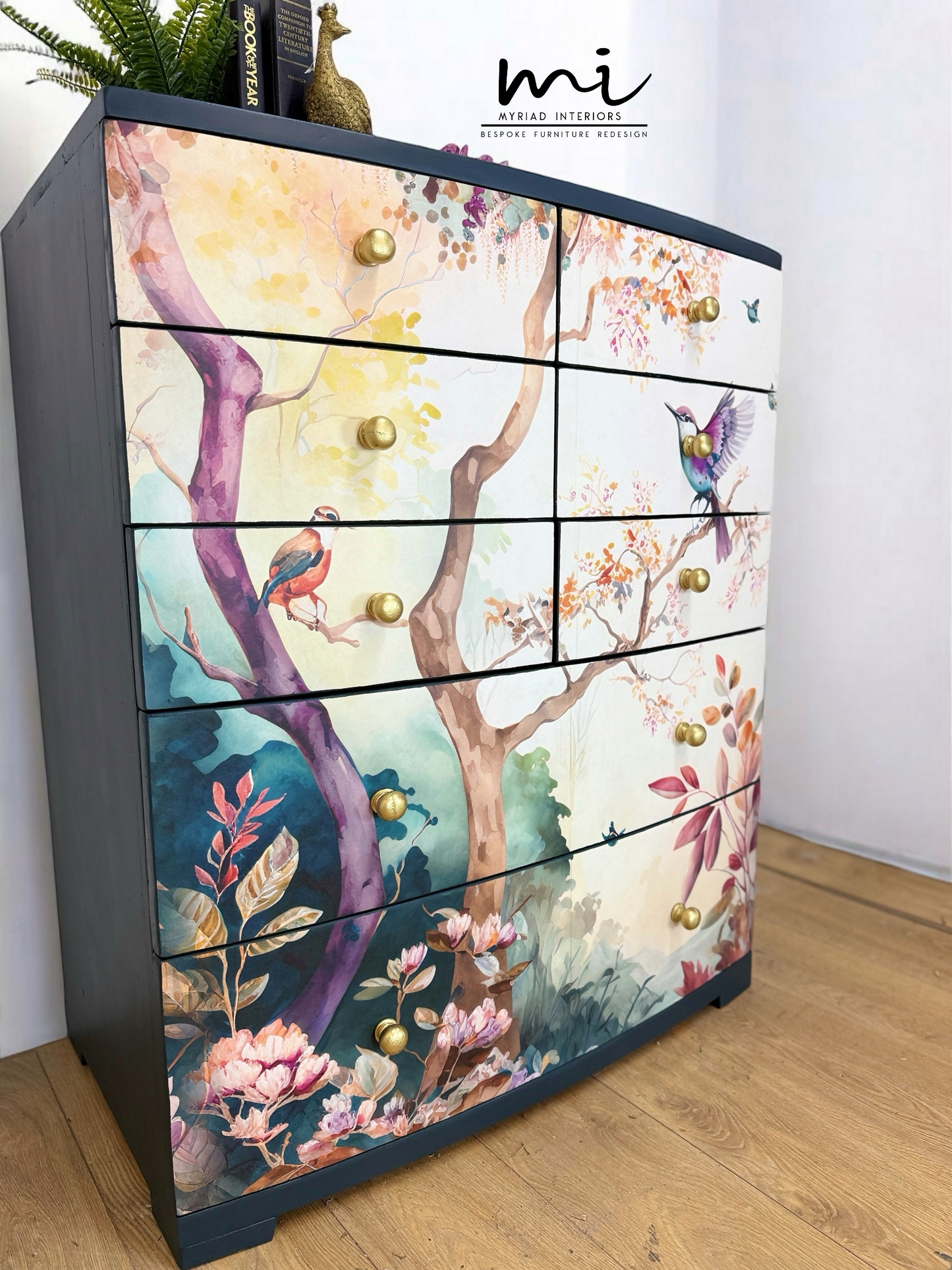 Beautiful watercolour floral mural extra large chest of drawers in a deep teal navy blue. Solid wood, botanical sideboard