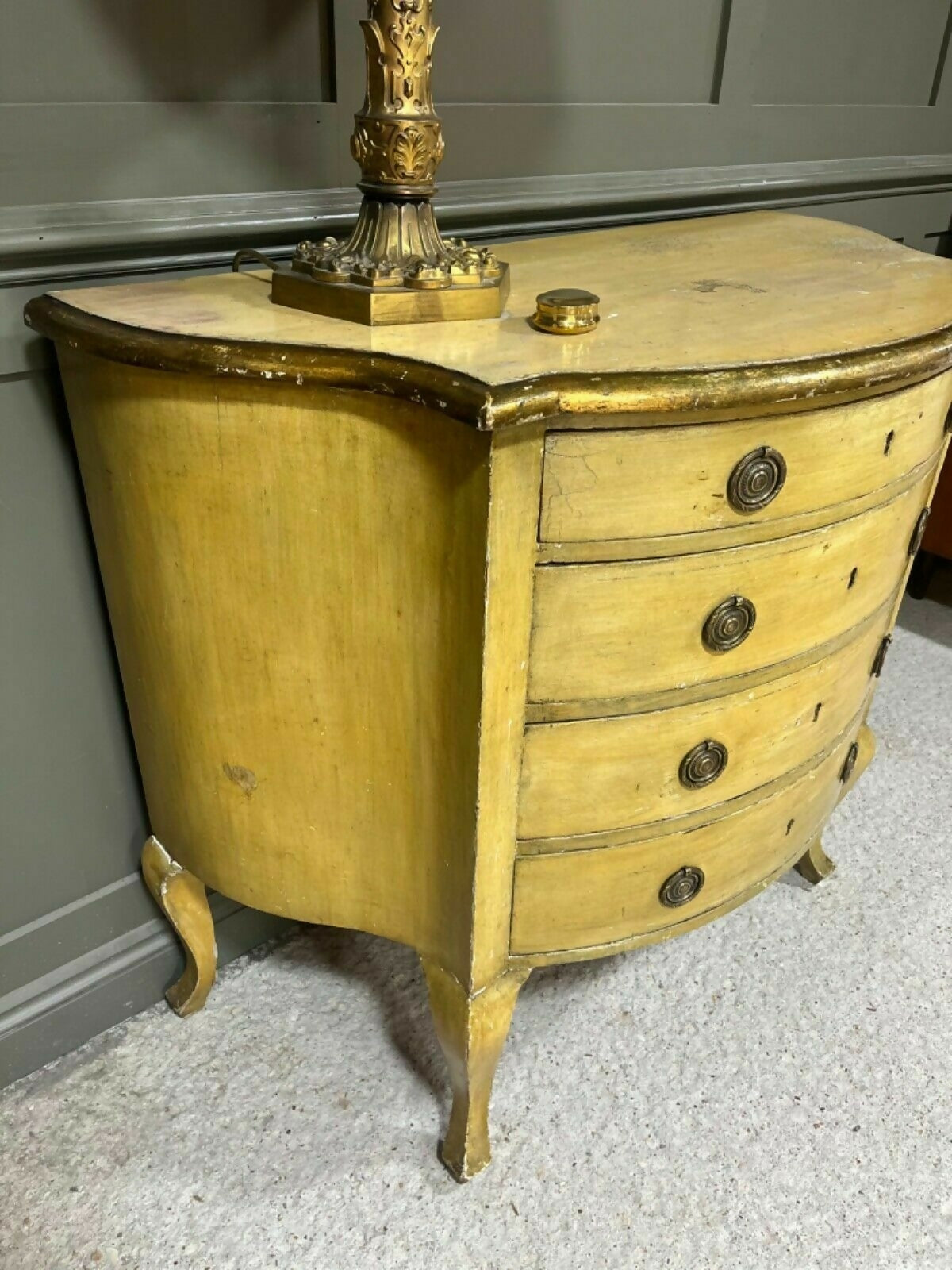 Vintage Yellow Painted Chest Of Drawers Italian Origin Gilded Banding Late 1890’s