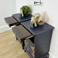 Rare refinished Stag Minstrel Tea Tray Bedside Tables in Navy Blue With Gold Floral Bird Design, Nightstands, vintage