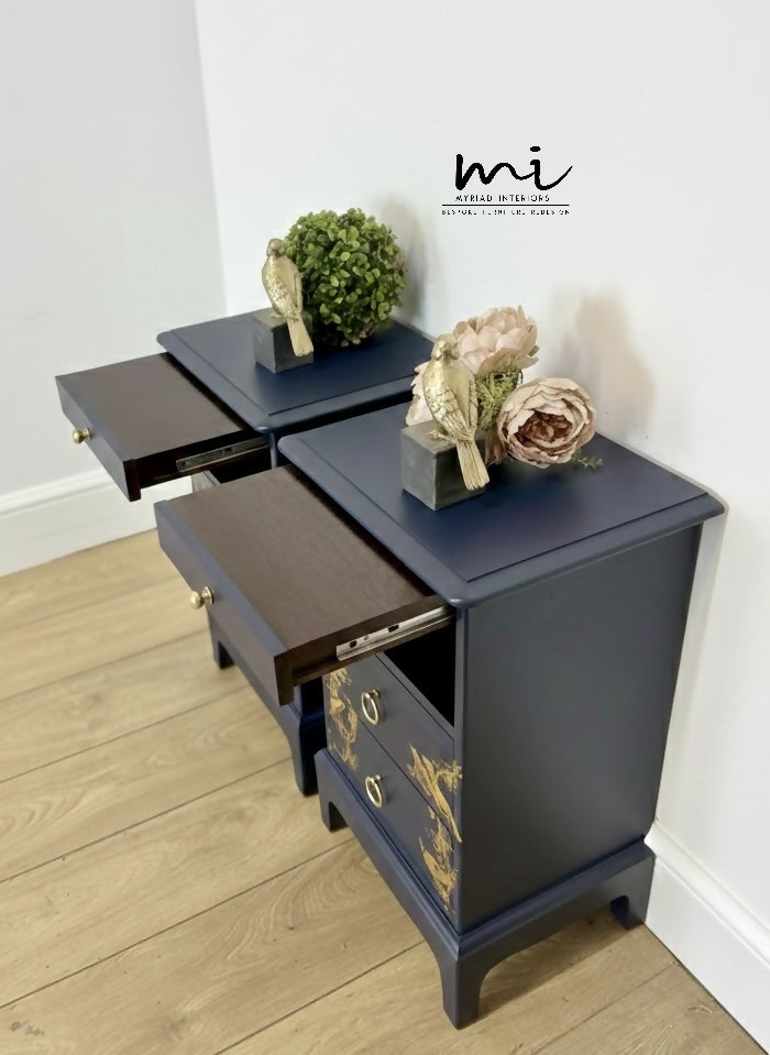 Rare refinished Stag Minstrel Tea Tray Bedside Tables in Navy Blue With Gold Floral Bird Design, Nightstands, vintage