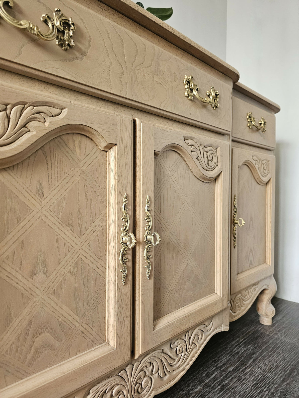 French Provincial Oak Buffet • Carved Details, Original Hardware, Satin Finish