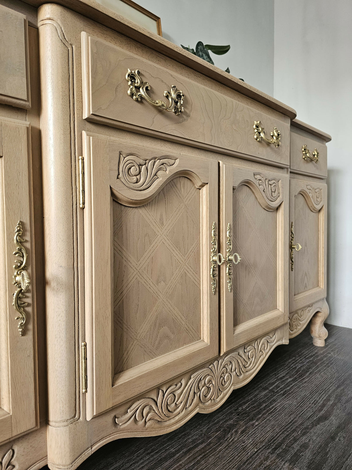 French Provincial Oak Buffet • Carved Details, Original Hardware, Satin Finish
