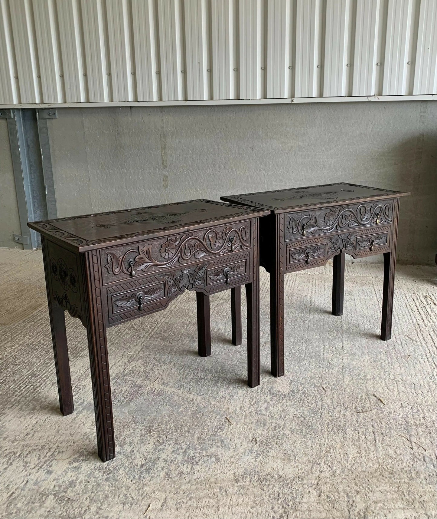 Antique Oak 19th C Gothic revival side tables chest of drawers