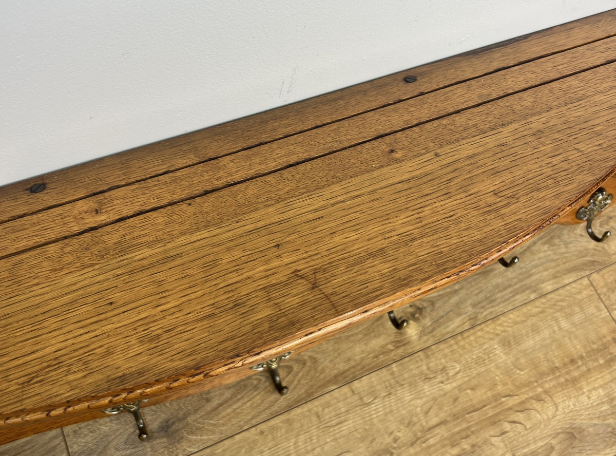 Coat Rack Vintage French Oak 7 Brass Hooks Wall Shelf Coat Hanger LOT 6553