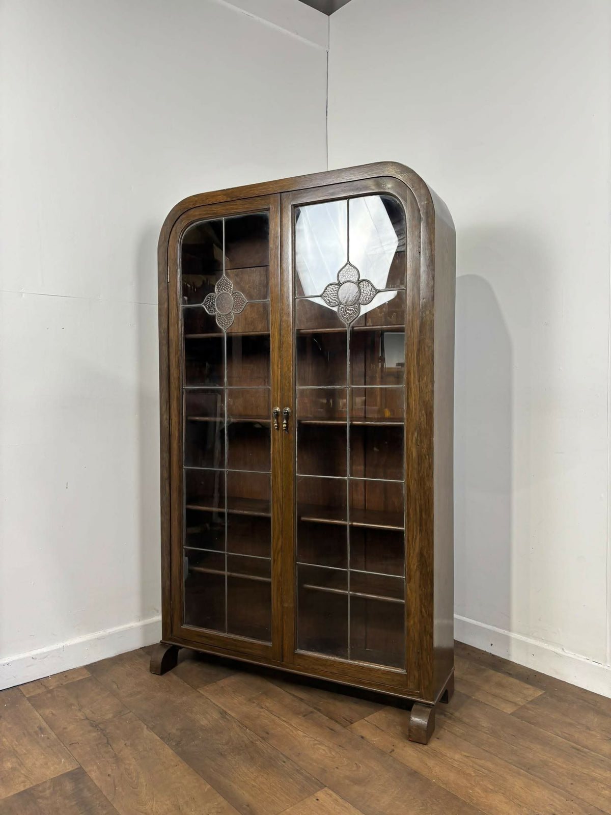 Art Deco Style Oak Leaded Glass Bookcase / Display Cabinet