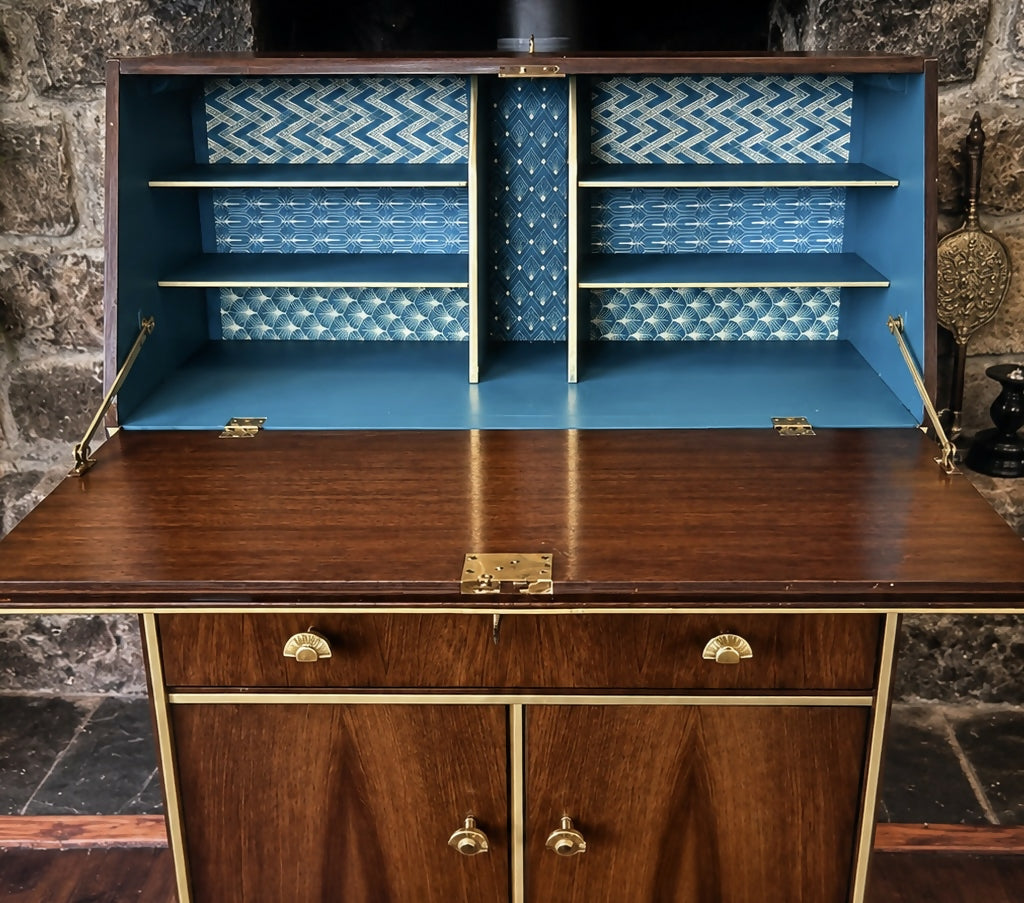 Art Deco Style Walnut Bureau/Writing Desk with Teal & Gold Interior