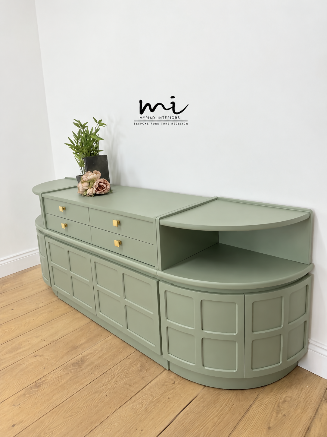 Refinished Nathan sideboard set in Pale Sage Green, modular, corner cabinet, tv stand, media unit, drinks, mid century modern, cupboard