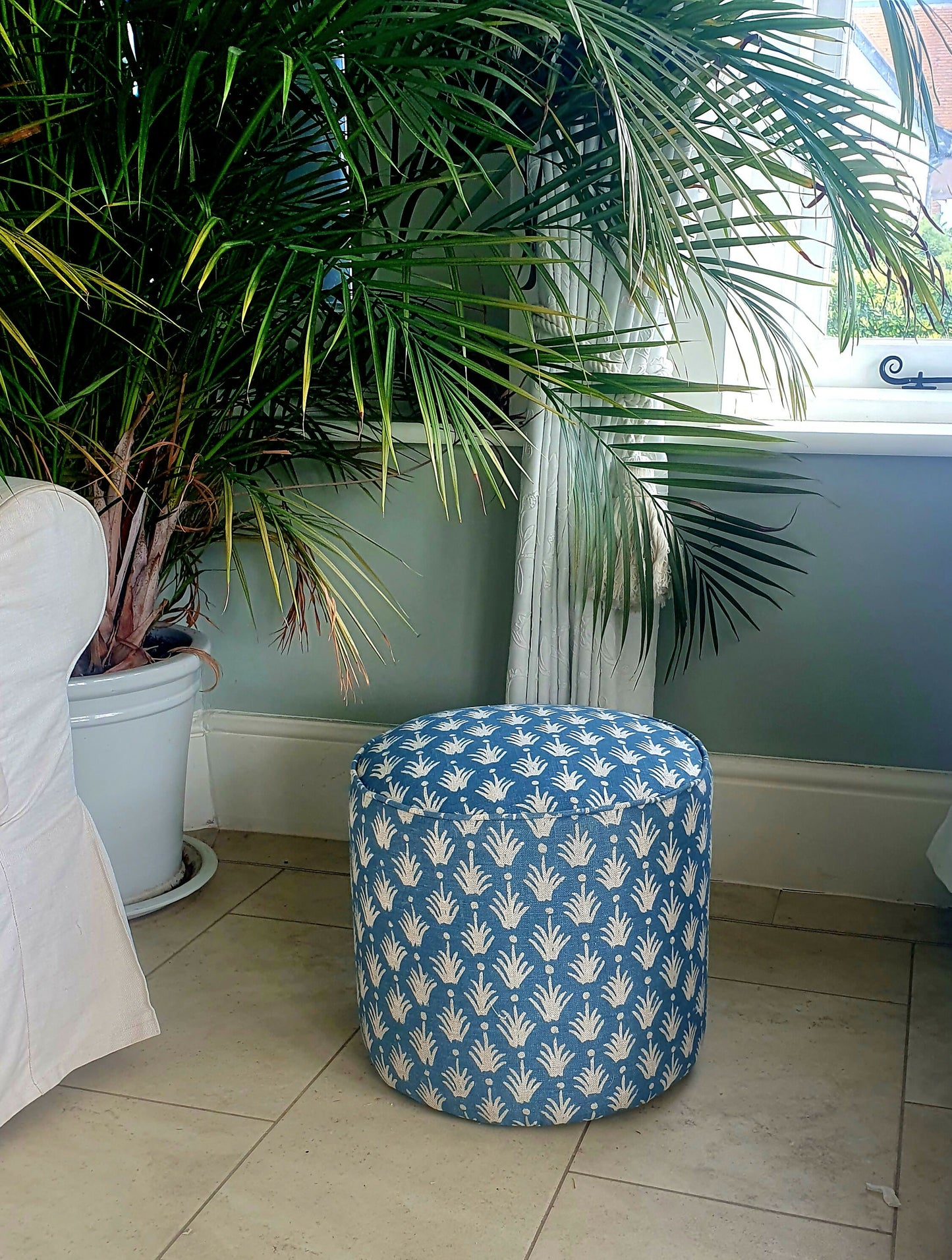 Circular Drum Stool / Ottoman. Newly Reupholstered in a Great Quality Belgium Linen