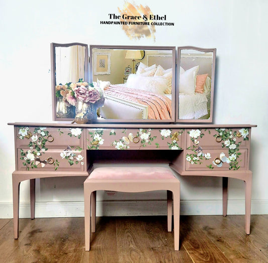 Pink trellis flowers 5 drawer stag dressing table