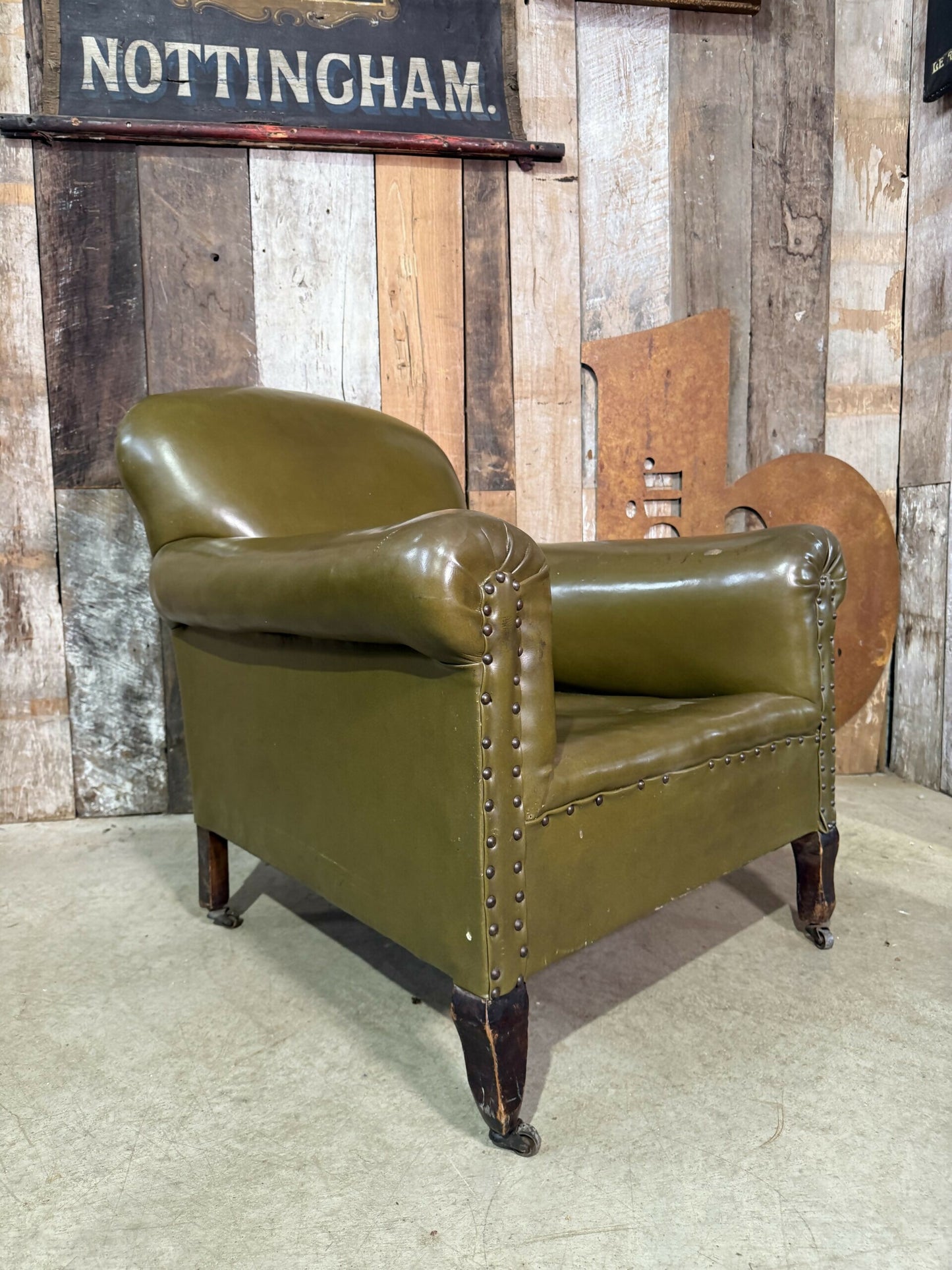 Vintage Edwardian Green Leather Armchair, c.1930