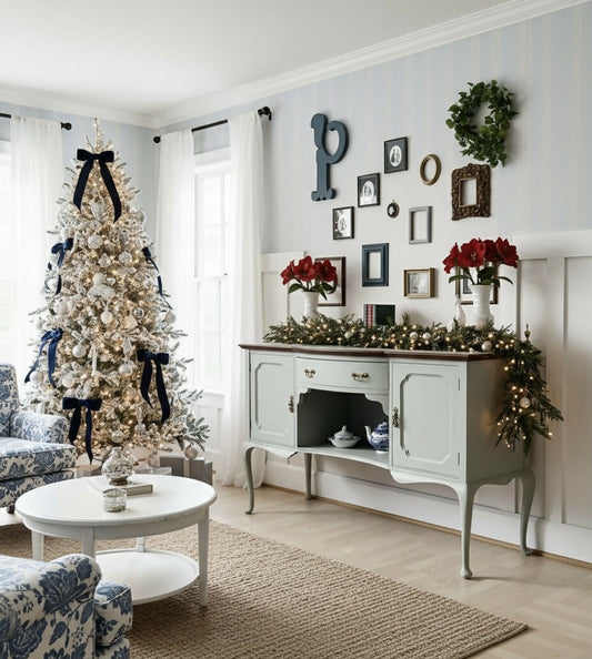 Antique Large, Solid Sage Green Greyish Sideboard: Bow-Fronted Cabinet with Brass Rail