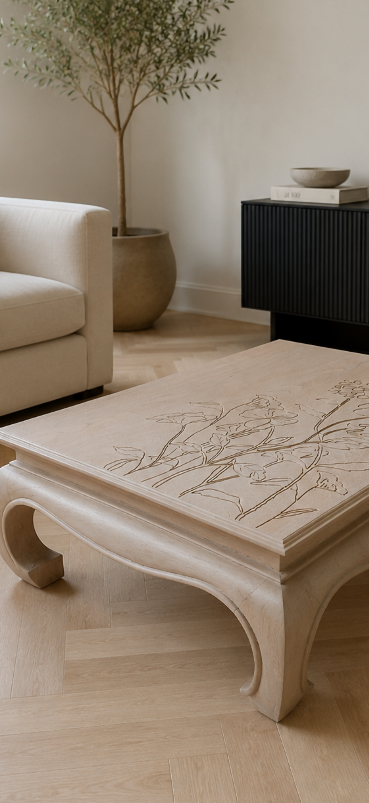 Vintage Refinished Solid Wood Coffee Table | Hand-Engraved Floral Design