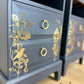 Rare refinished Stag Minstrel Tea Tray Bedside Tables in Navy Blue With Gold Floral Bird Design, Nightstands, vintage