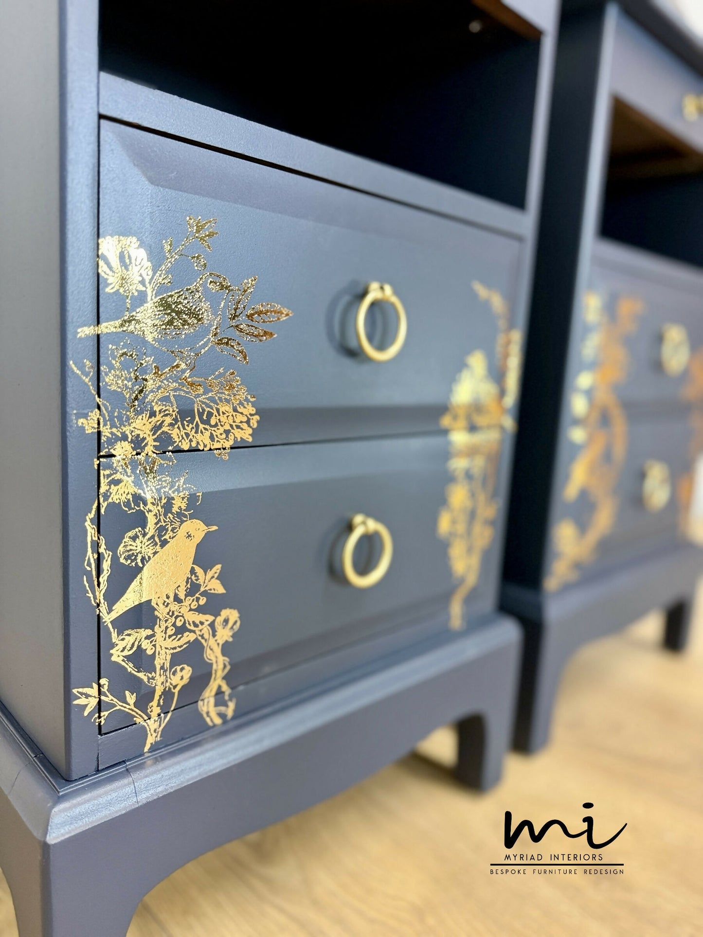 Rare refinished Stag Minstrel Tea Tray Bedside Tables in Navy Blue With Gold Floral Bird Design, Nightstands, vintage