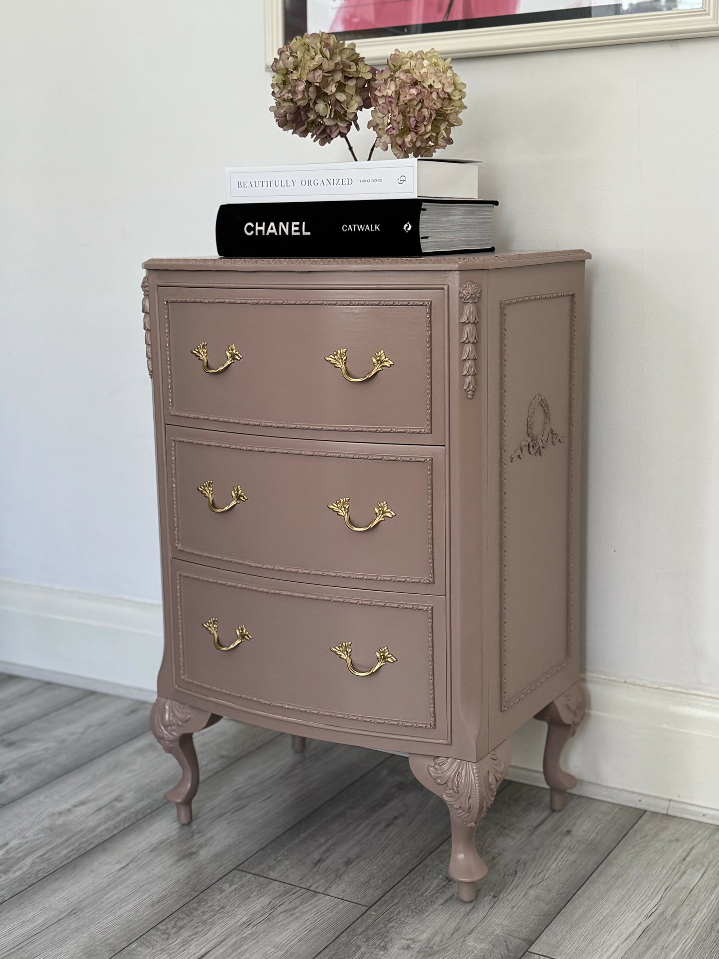French Bedside Cabinets, Bedside Tables, Olympus, Chest Of Drawers Hand Painted In Damask, Dusty Pink