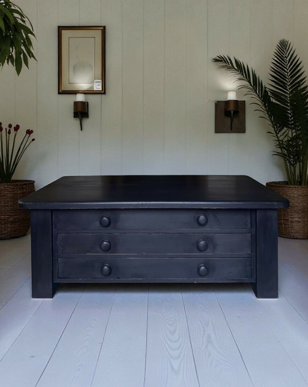 Large Black Painted Pine Late 20th Century Coffee TV Table Plan Chest Style