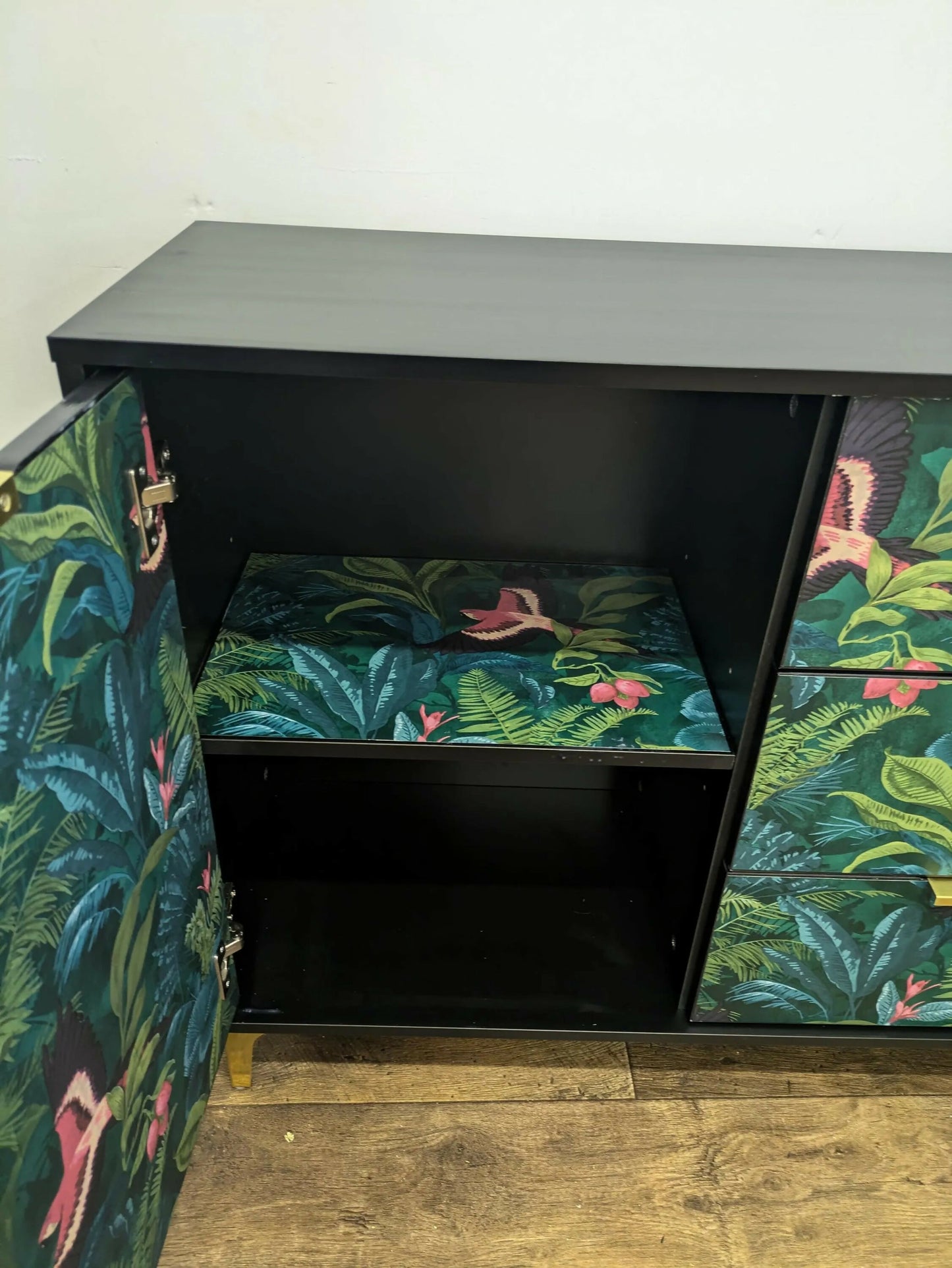 Contemporary Modern Sideboard Painted Black Tropical Bird Palm Tree Print. Sold Message For Commission