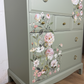 Refinished Stag Minstrel Tallboy Chest Of Drawers in Pale Green with delicate pink floral design