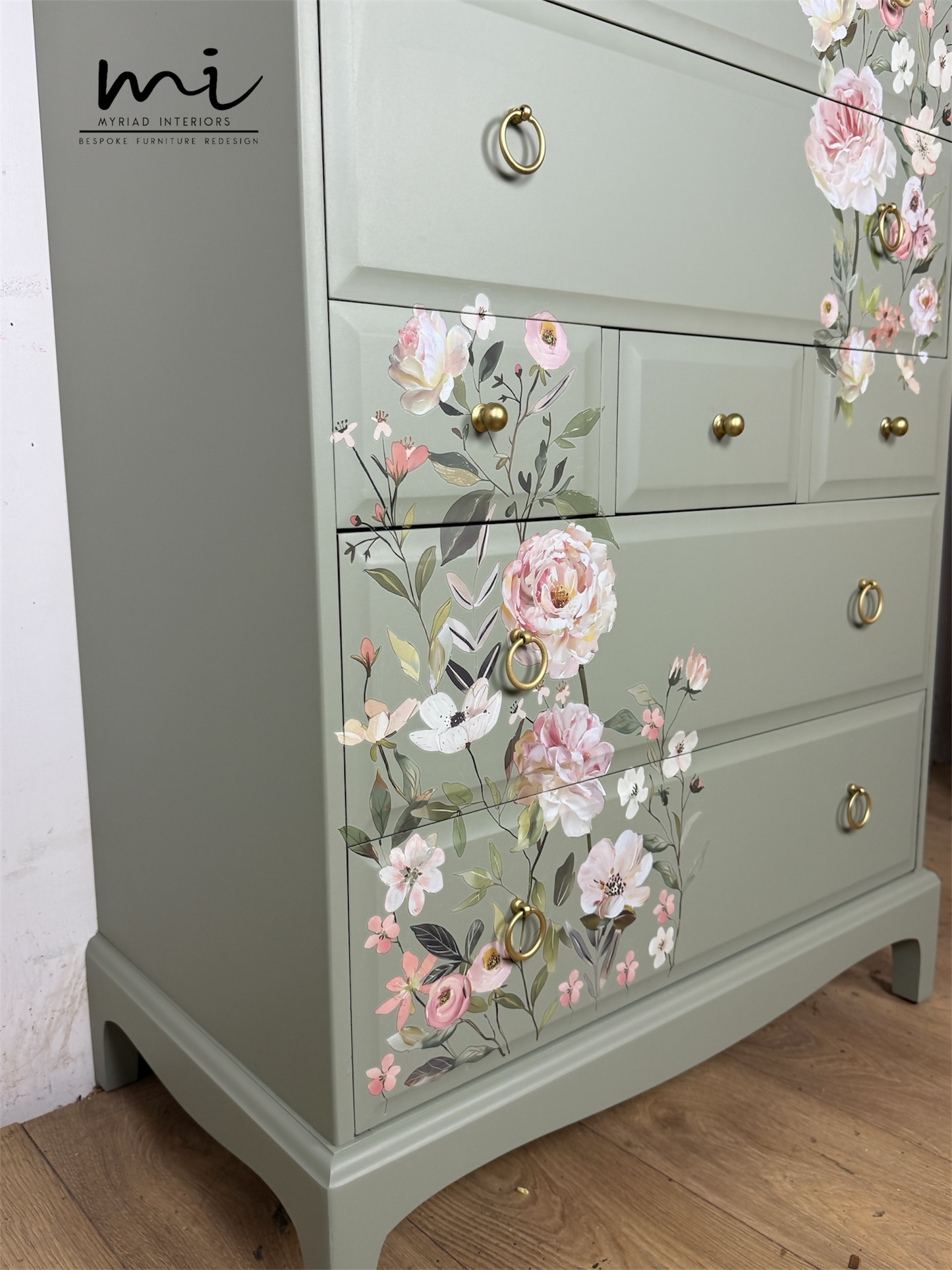 Refinished Stag Minstrel Tallboy Chest Of Drawers in Pale Green with delicate pink floral design