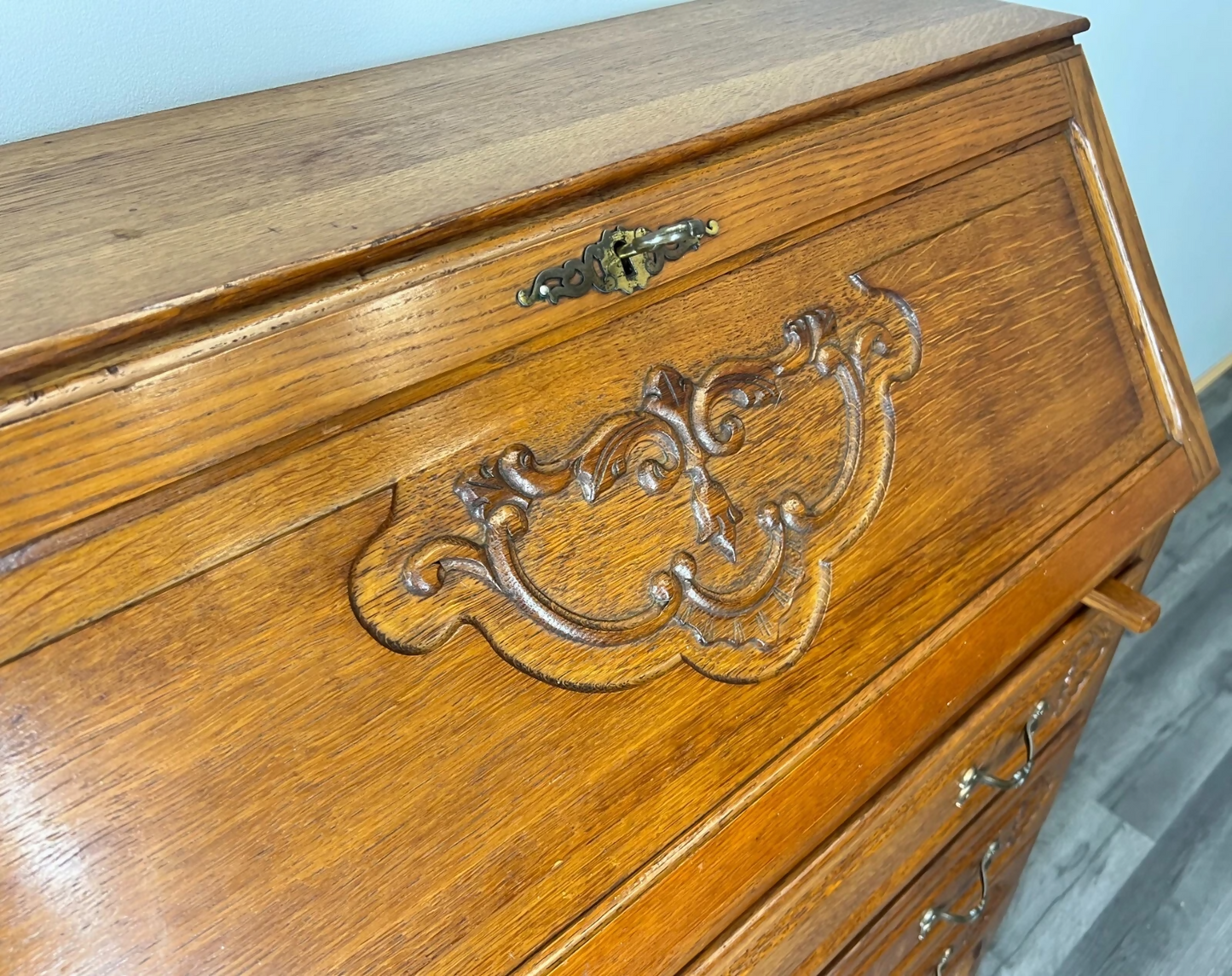 Secretaire Writing Desk Vintage French Oak Bureau Carved Cabinet LOT 3755