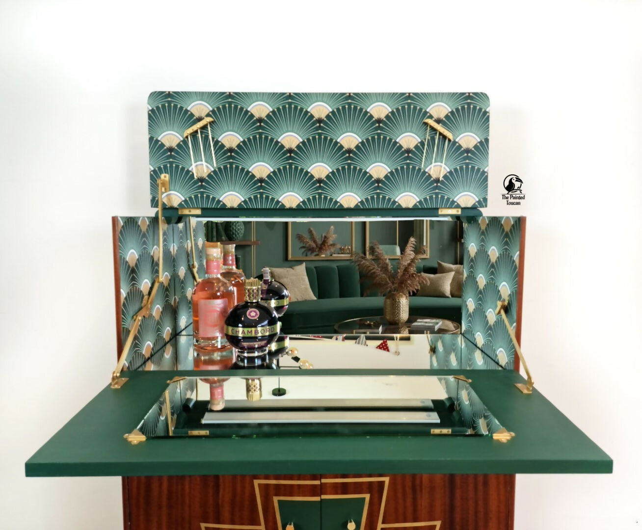 Art Deco Cocktail Cabinet | Green & Gold | Restored Vintage Drinks Cabinet