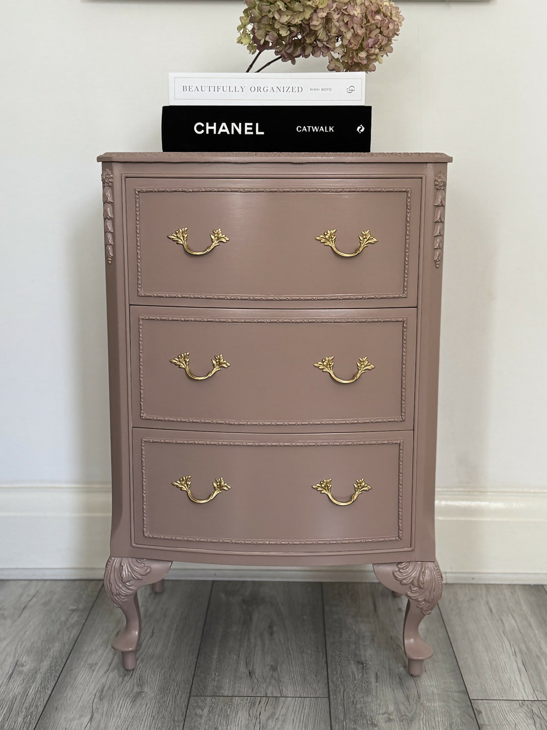 French Bedside Cabinets, Bedside Tables, Olympus, Chest Of Drawers Hand Painted In Damask, Dusty Pink