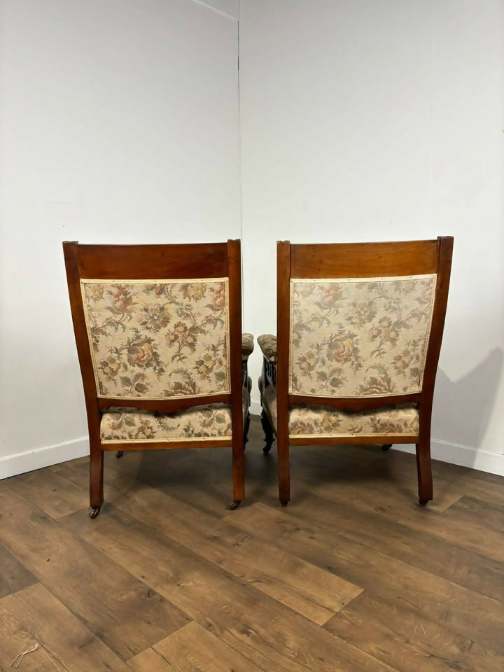 Pair of Victorian Carved Walnut Upholstered Library Armchairs