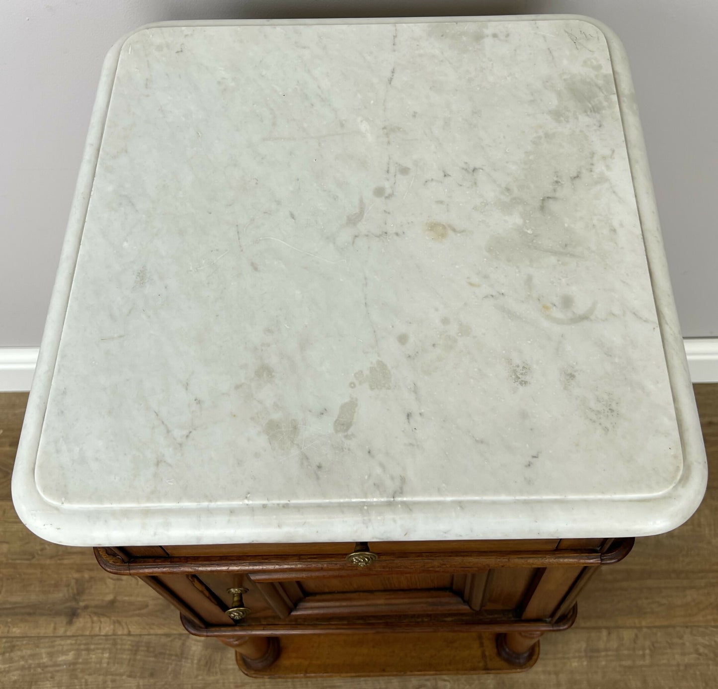 Bedside Table Antique French Style Marble Top Walnut Cabinet Nightstand LOT 6242