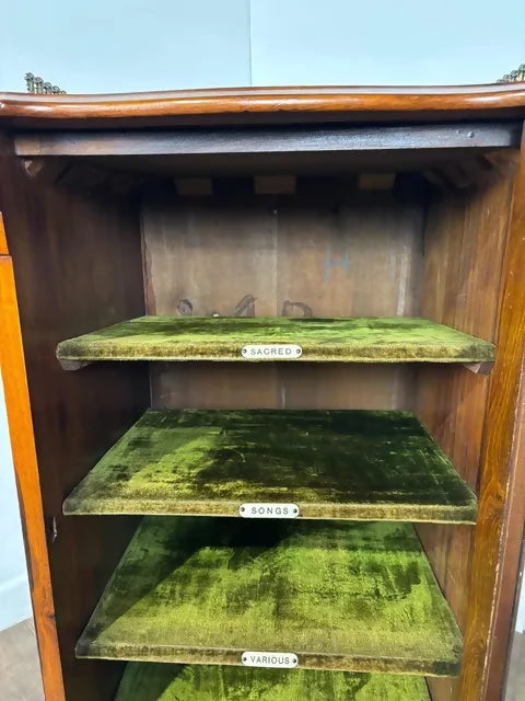 Edwardian Walnut Sheet Music Cabinet with Glass Door & Velvet-Lined Shelves