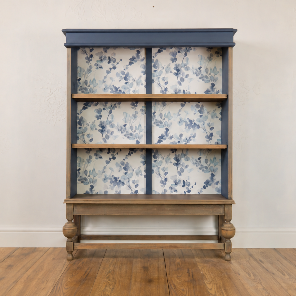 Vintage Open Bookcase | Upcycled Display Cabinet | Blue Botanical Shelving Unit | Hand Painted Furniture