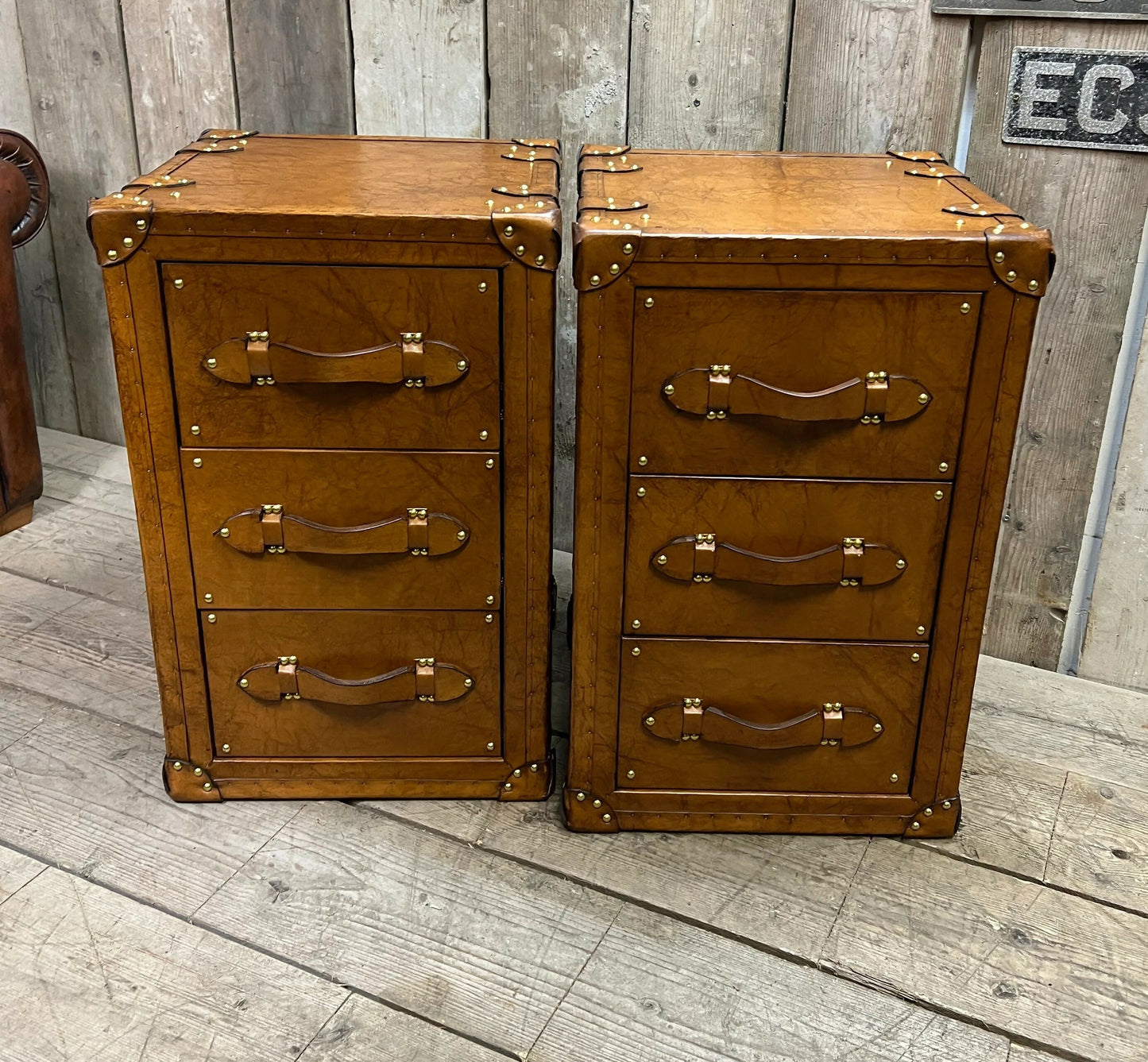 Handmade Bridle Leather Bedside Drawers | His and Hers Set, Hand Dyed in England