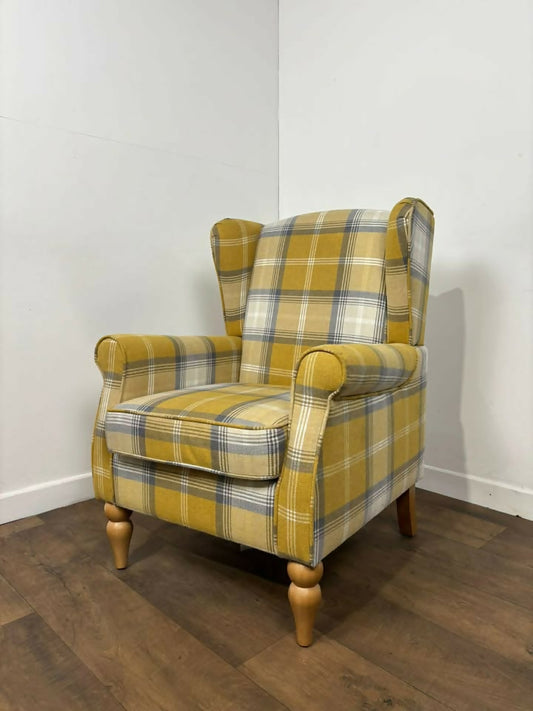 Modern Tartan Fireside Armchair – Upholstered Accent Chair in Mustard, Blue & White