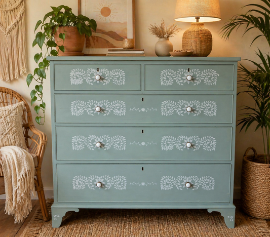 Bone Inlay stencilled large Chest of Drawers