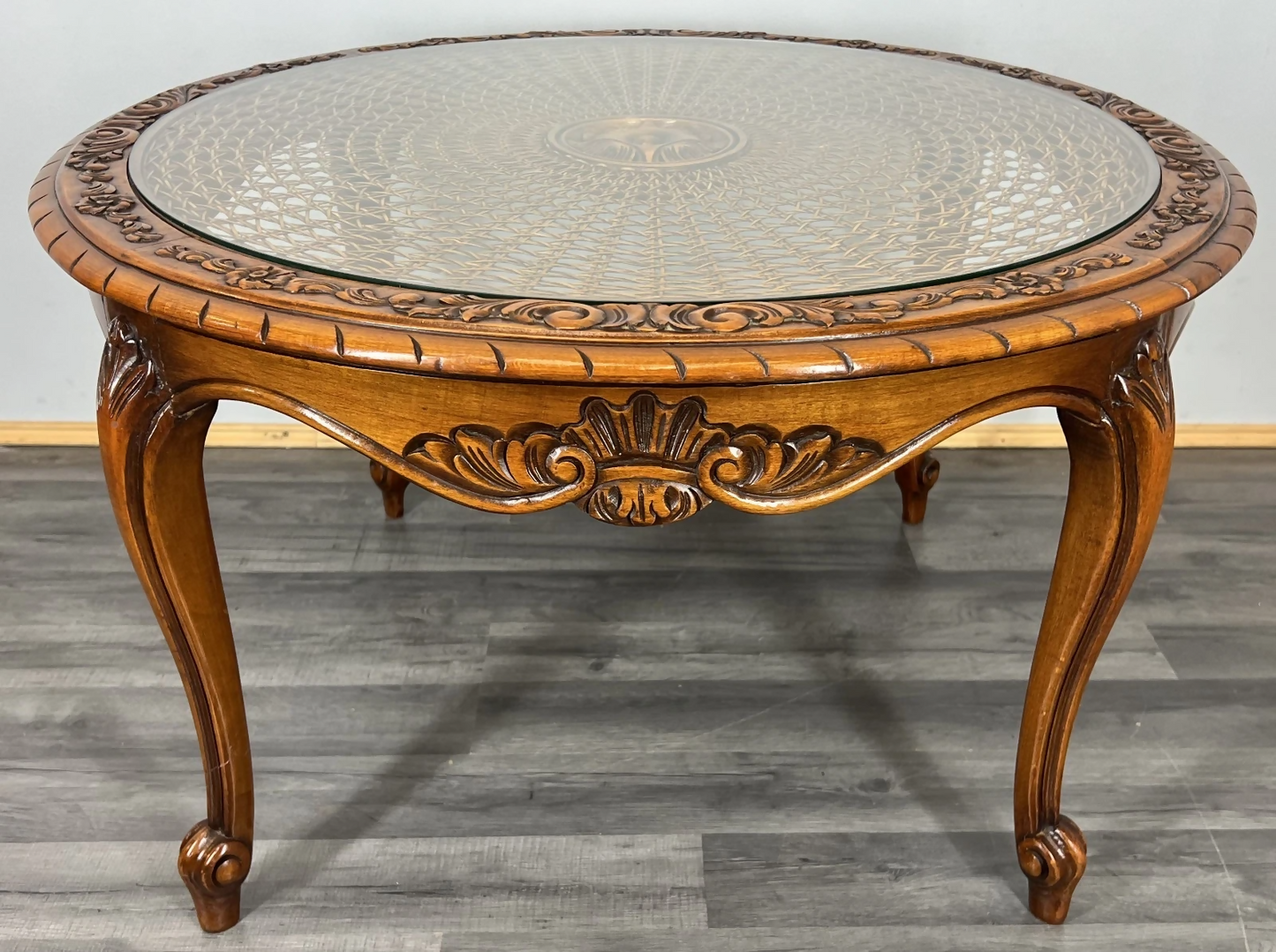 Coffee Table Vintage French Louis XIV Glass Top Ornate Cane Round Table LOT 3941