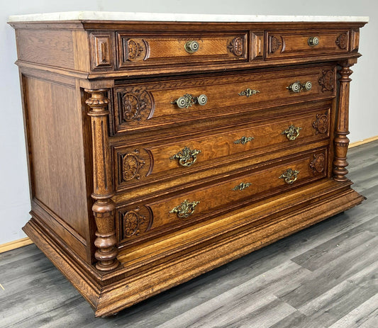 Chest of Drawers Antique French Style Marble Top Oak Carved Cabinet LOT 4808