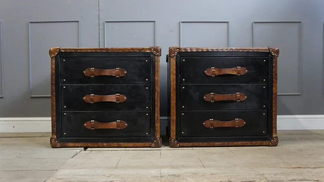 Black Leather & Tan Leather Bedside Drawers