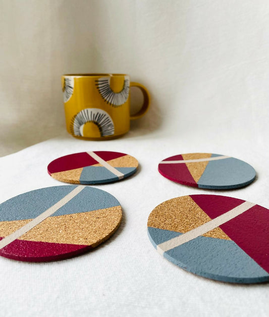 Set of 4 Cork Coasters - Hand Painted Geometric/Modern Design (Blue/Crimson/White)